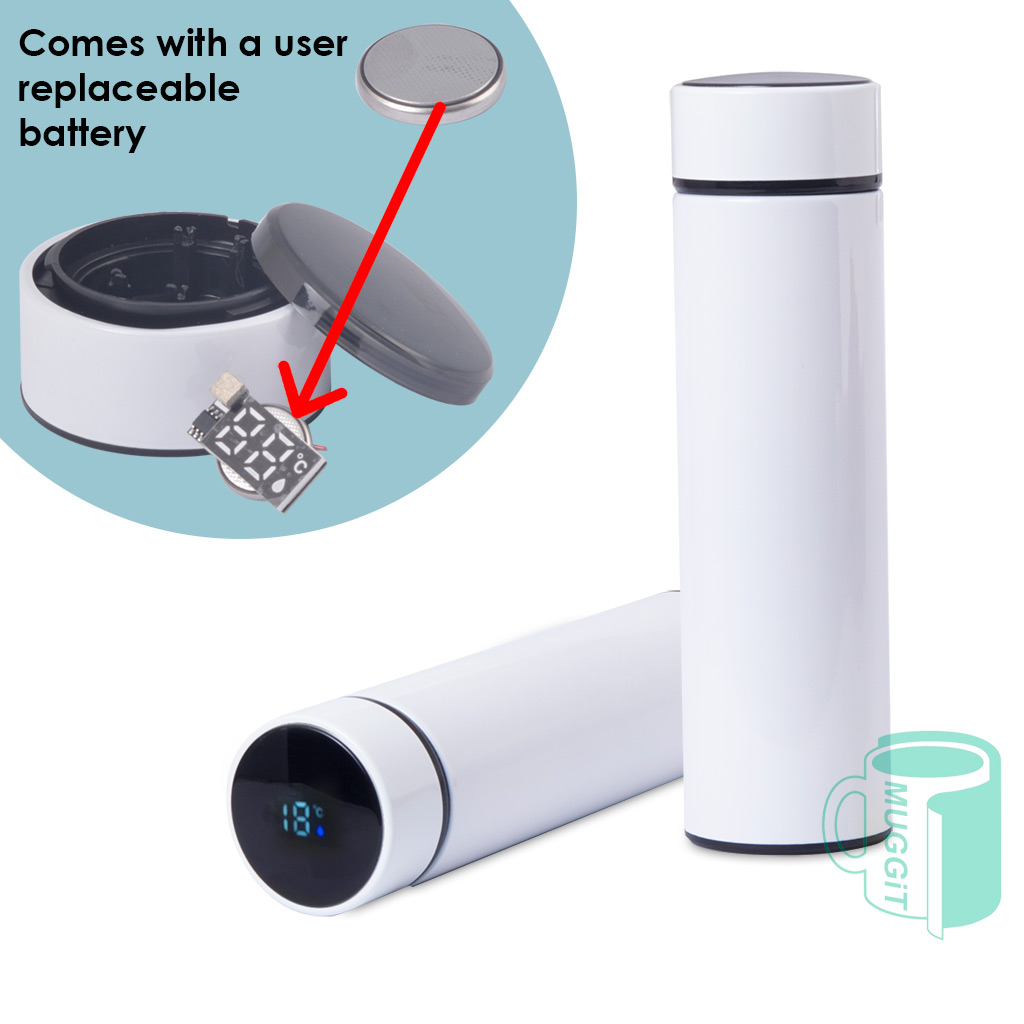 Mug-Travel-Thermos-450-D-Battery Travel thermos flask gift set 450ml with digital temperature display with a giftbox . A corporate gift set for promotional purposes. User replaceable battery
