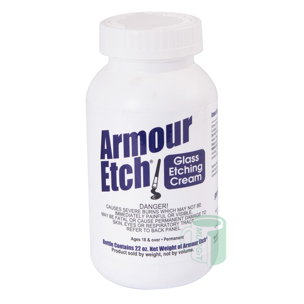 Armour glass etching cream, when applied, removes the shine from glassware, windows and mirror, leaving a rough frosted effect or look like it was sand blasted.