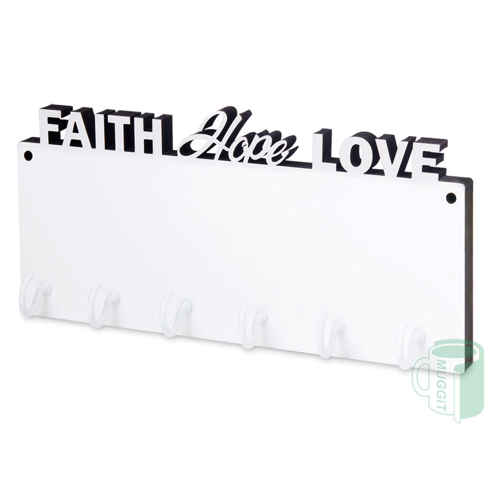 muggit_chroma_wood_coat_keyr_rack_holder_faith_hope_love_chromawcoatkeyrackeng Coat and Key Rack Themed Hardboard "Faith Hope Love" a designated space for hanging coats, hats, scarves, keys and more neatly organized and easily accessible.