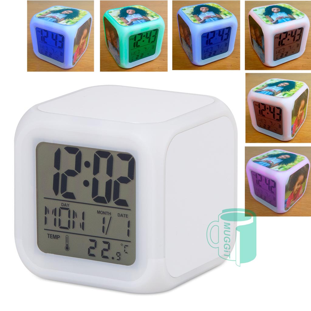 Digital Alarm cube clock for kids, teens & youth features LED mood colour changing glows, creating a soothing atmosphere. It comes with 3 printable metal inserts