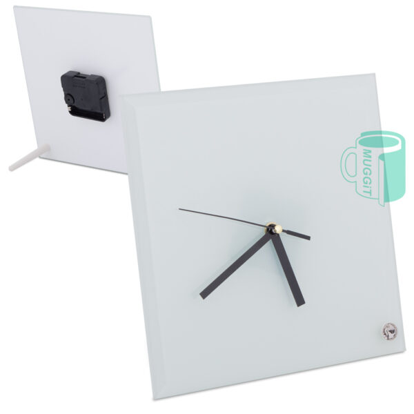 Square Glass Clock - 20 x 20cm with Stand - Press at 180C / 340 for 6 min. Too much heat will make it crack. For use with Sublimation.