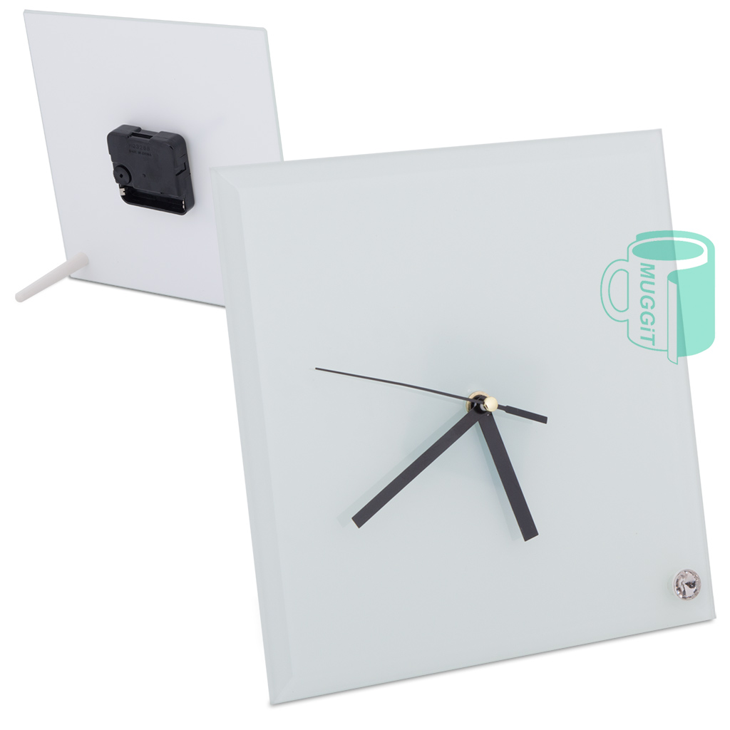 muggit_clock_glass_square_table_stand_clockglasssquare Standing Square Glass Clock - 20 x 20cm Comes with a metal foot stand to easily rest on a bedside table, shelf, desk & more, quality print with vibrant colours