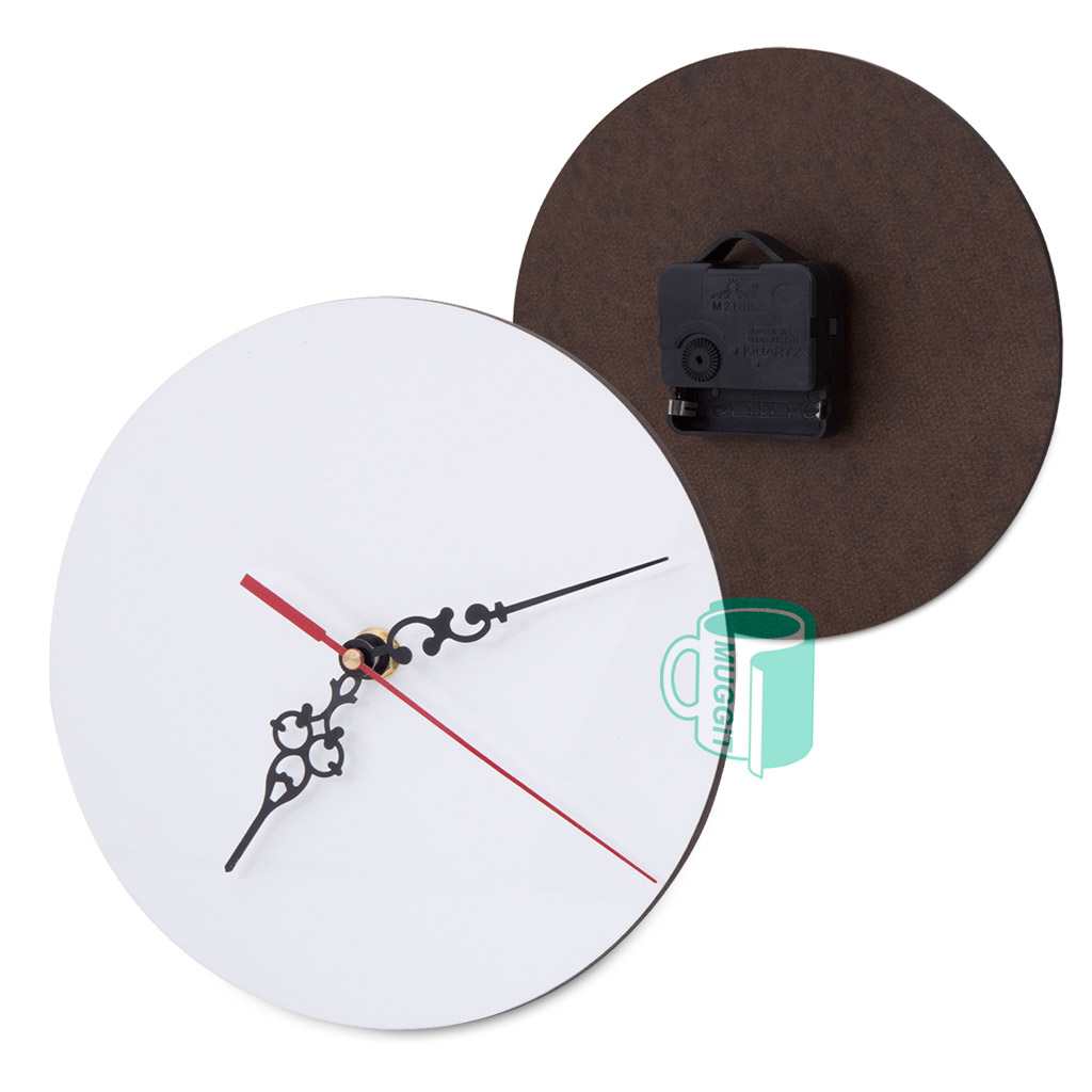 Hardboard round hanging clock with mechanism -190mm white printable area coated specifically for sublimation. Hang at home or the workplace for easy visibility