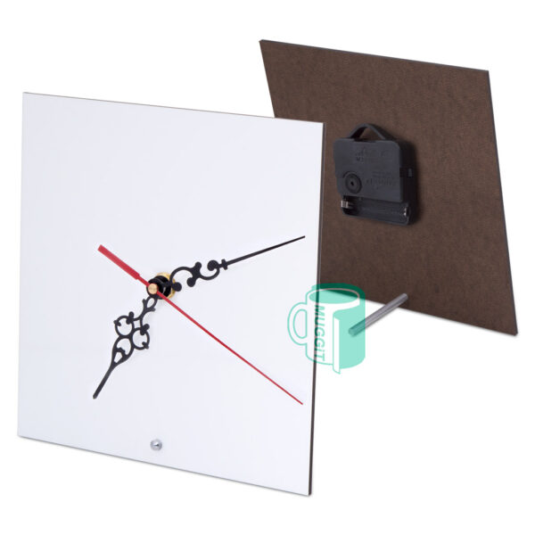 Square AMERICAN MDF Clock with mechanism and metal stand- 200 x 200mm diameter.. For use with Sublimation ONLY.