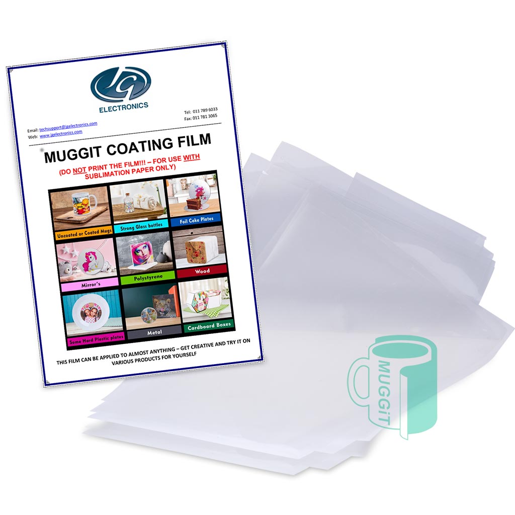 muggit_coat_muggit_film_sublimtion_sheets_coatmuggitfilm Muggit clear coating film prints onto a variety of hard smooth surfaces that isn't coated with a sublimation coating such as ceramic, glass, metal, 10 sheets 250 x 330mm