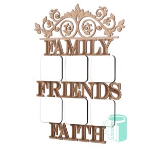 AMERICAN MDF Photoframe - Friends, Family, Faith with 6 x printable photo blocks For use with Sublimation ONLY. Includes superglue. 340x270mm