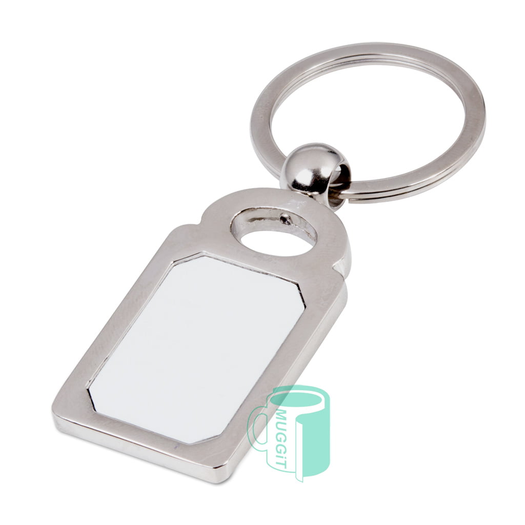 Metal keyring rectangle with a white sublimation area in the metal frame to print your logo and promote your business. Sublimation printing process