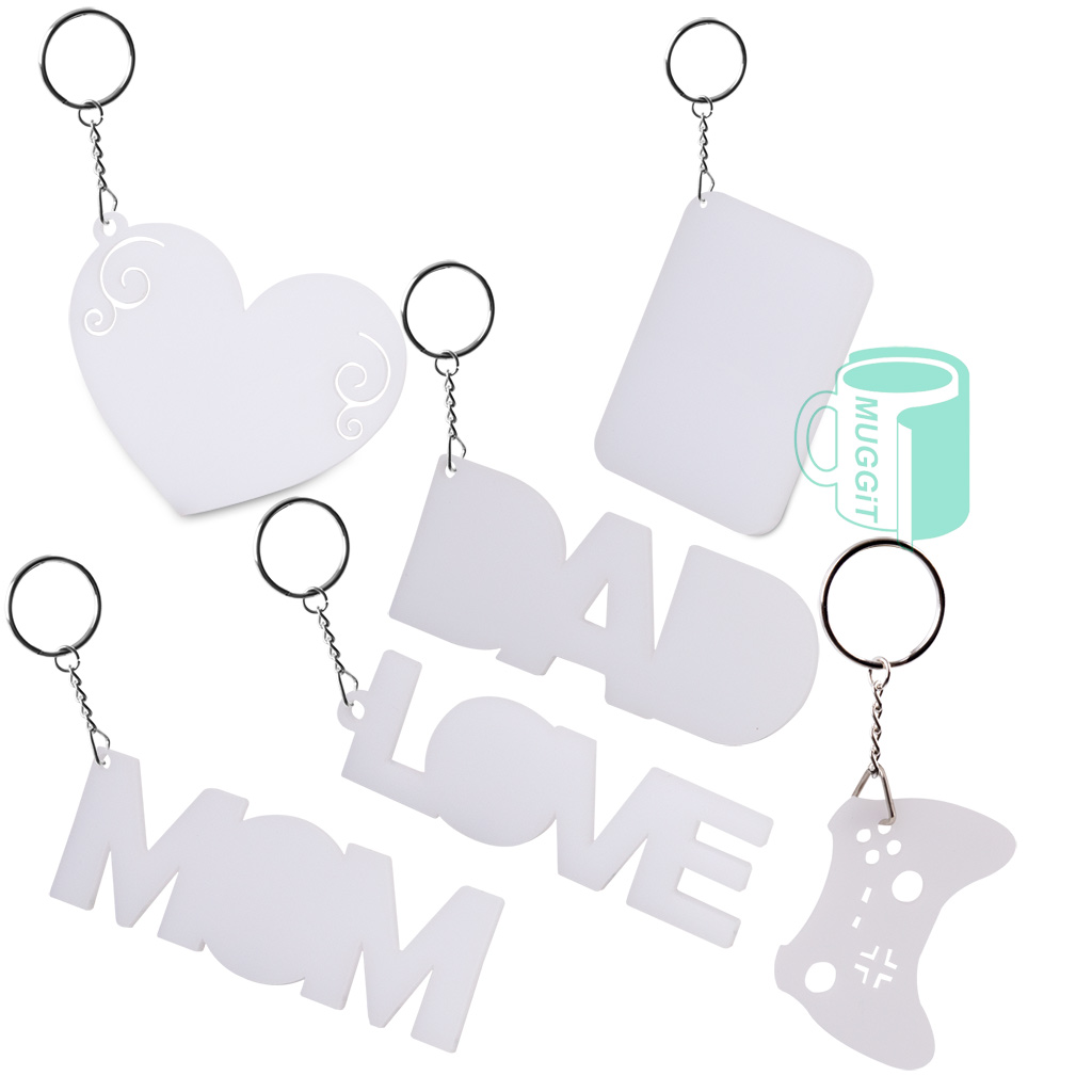 muggit_keyrings_sublimer White Funky Laser Cut Sublimer Keyrings . Choose from shapes like mom, dad, love, gamer, heart, rectangle & baby feet. Both sides are printable, packs of 5.