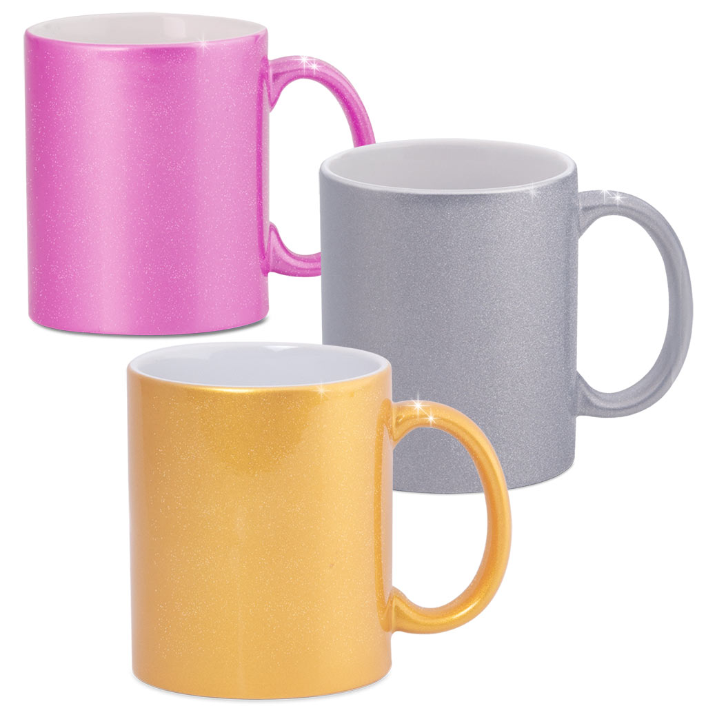 muggit_main_glitter_mugglitterpink Soft Sparkle 11oz Glitter Mugs in gold, silver and pink. 11oz