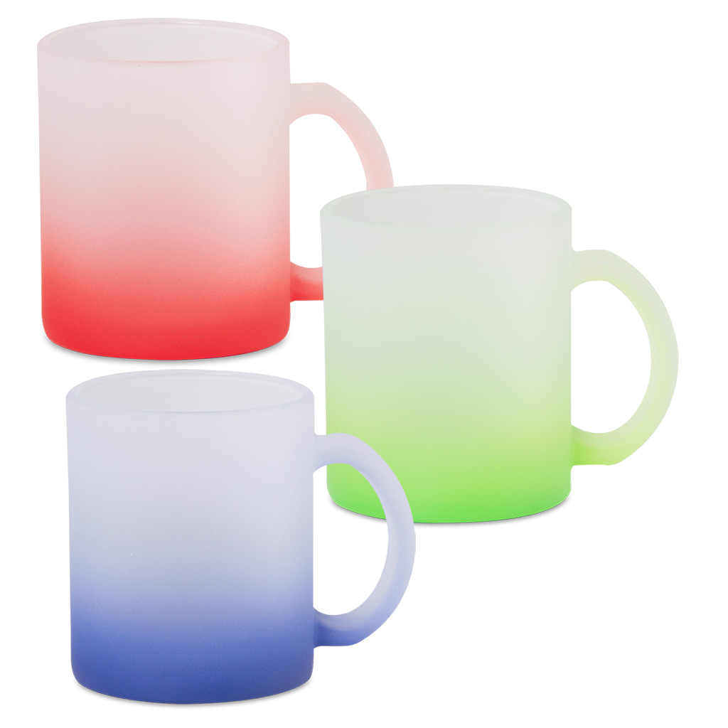 Frosted Colour Bottom Glass Mugs 11oz coated glass mug with frosted gradient colour in clear, green, red or blue. For use with Sublimation & Laser.