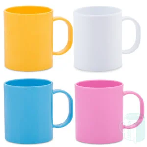 Home 103 11oz Polymer Mugs in blue, yellow, pink and white. for hot & cold beverage