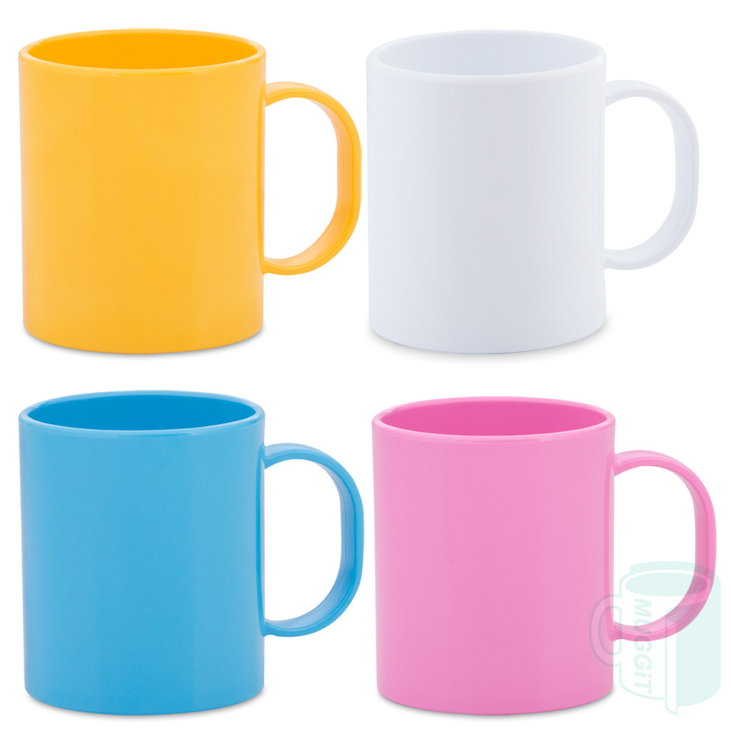 muggit_main_mug_polymer_mugpolymer11oz 11oz Polymer Mugs in blue, yellow, pink and white. for hot & cold beverage