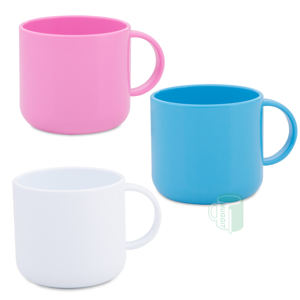 6oz Polymer kids Mugs in blue, pink and white. 100% food safe and unbreakable for hot or cold drinks, ideal for outdoor adventures and everyday use for kids.