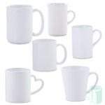 A variety of different sized white mugs ranging from 15oz wht, premium, premium+, vendor, dishwasher, heart, straight, tea, mini 2.5oz, cone w12, cone w17