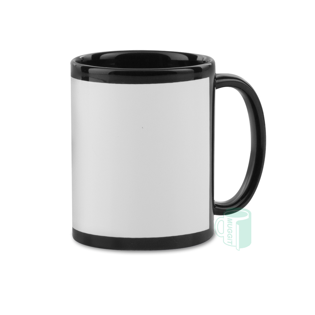 Black Trimmed White Print Patch Mug Premium Quality Black Mug with white patch to transfer in for beautifully "framed" designs. For use with Sublimation & Laser.