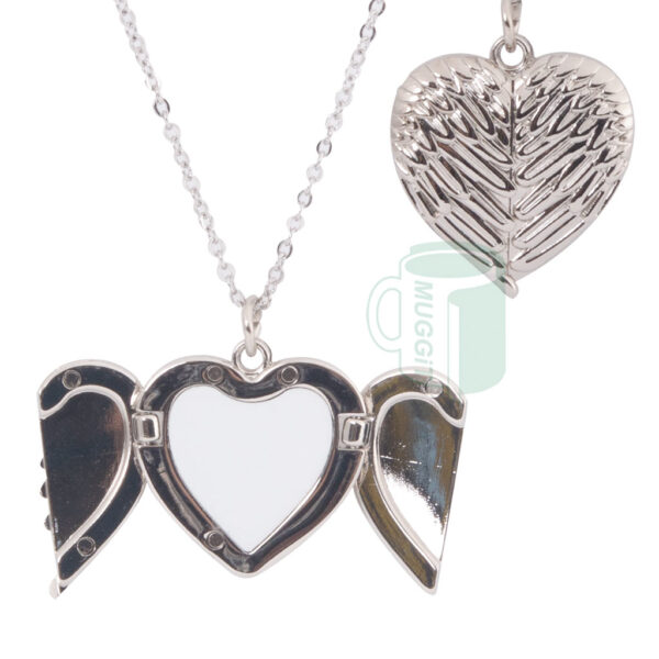 Silver angel wings locket necklace, sublimation print the heart shaped metal insert