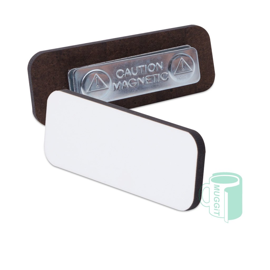 Magnetic hardboard name badges - 65 x 25mm . Print ideas such as company logo, name slogan, or other branding elements. For use with Sublimation ONLY. Pack of 5