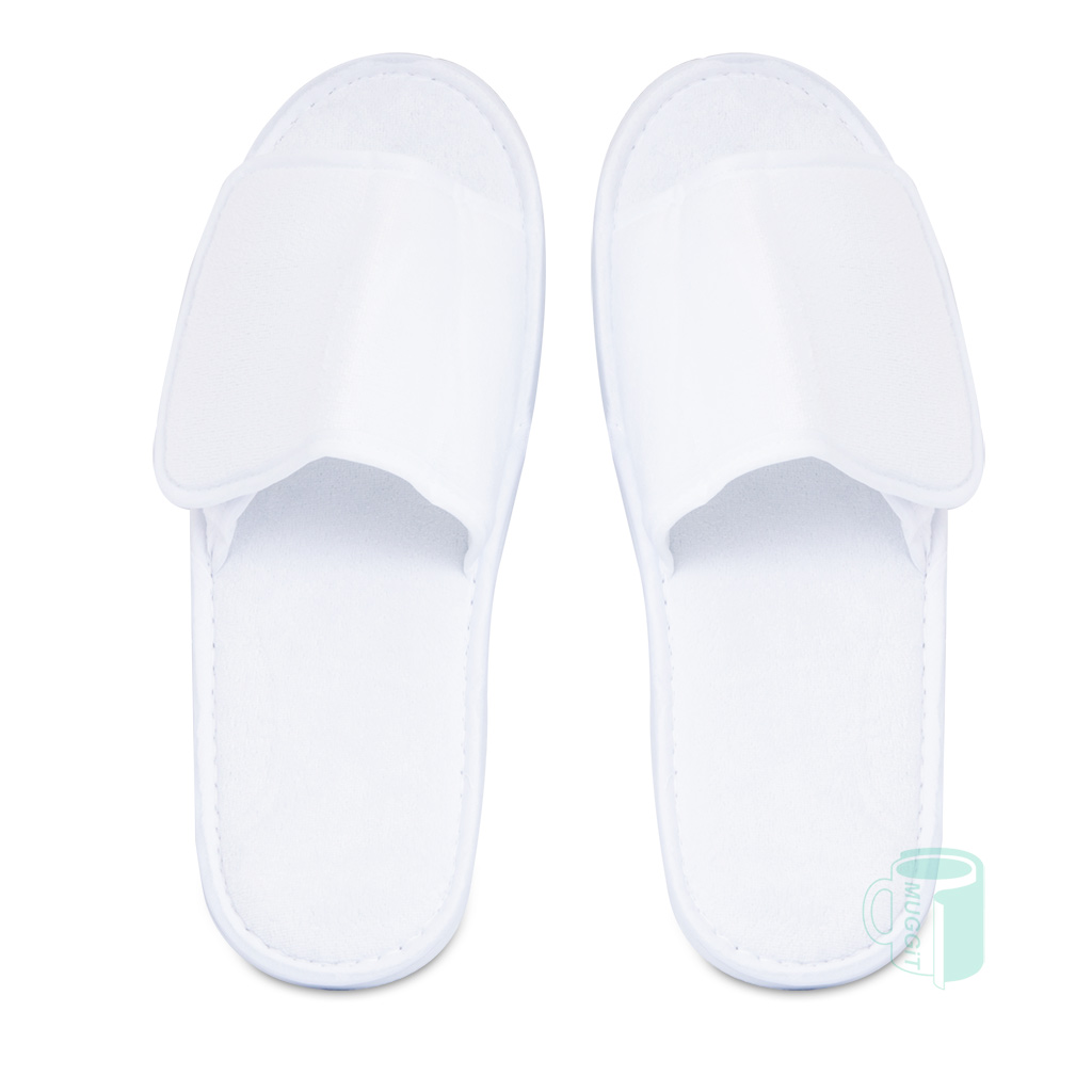 Printable White Hotel Slippers, A pair of fabric slippers with open toe - print like you would on a T-shirt. For use with Sublimation & Laser.