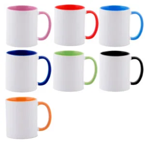 Coloured inner and handle mugs 11oz sublimation products, for both customize for sale and for gifting purposes in various colours and they are dishwasher safe.