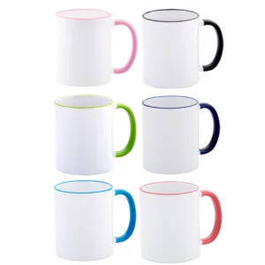 Coloured Rim and Handle Mugs. Tap into this market & profit from customising your own mugs in ceramic with quality sublimation coating for vibrant colour.
