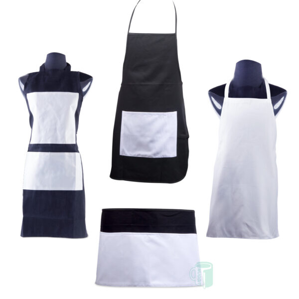 A variety of Black and white aprons that are in different sizes