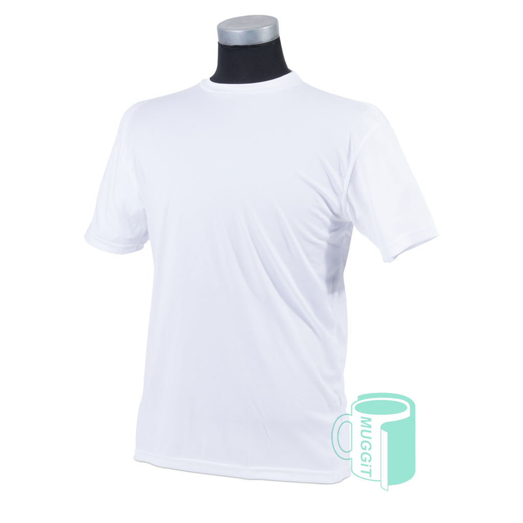 muggit_tshirt_polyester_white_sports_tshirtpolyhcomb Sports Shirt Printable Polyester Premium honeycomb white T-shirts with a sports style neckline. Adults shirts are short sleeve, available in a variety of sizes.