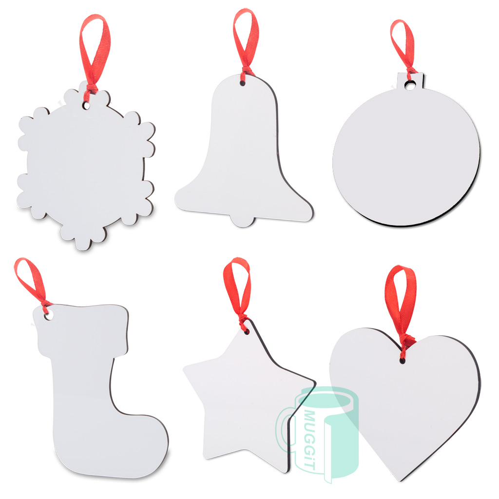 muggit_main_hardbord_ornaments Festive wood hanging ornaments that come in a cariety of shapes such as snowflake, start, heart, bell, circle, stocking