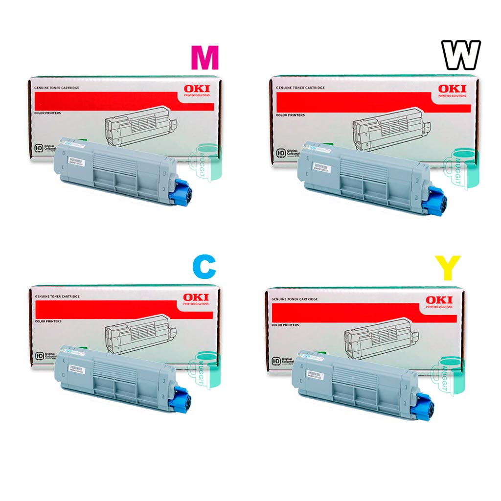 Laser toners for OKI 711WT in Black, Magenta, Yellow, Cyan, White,