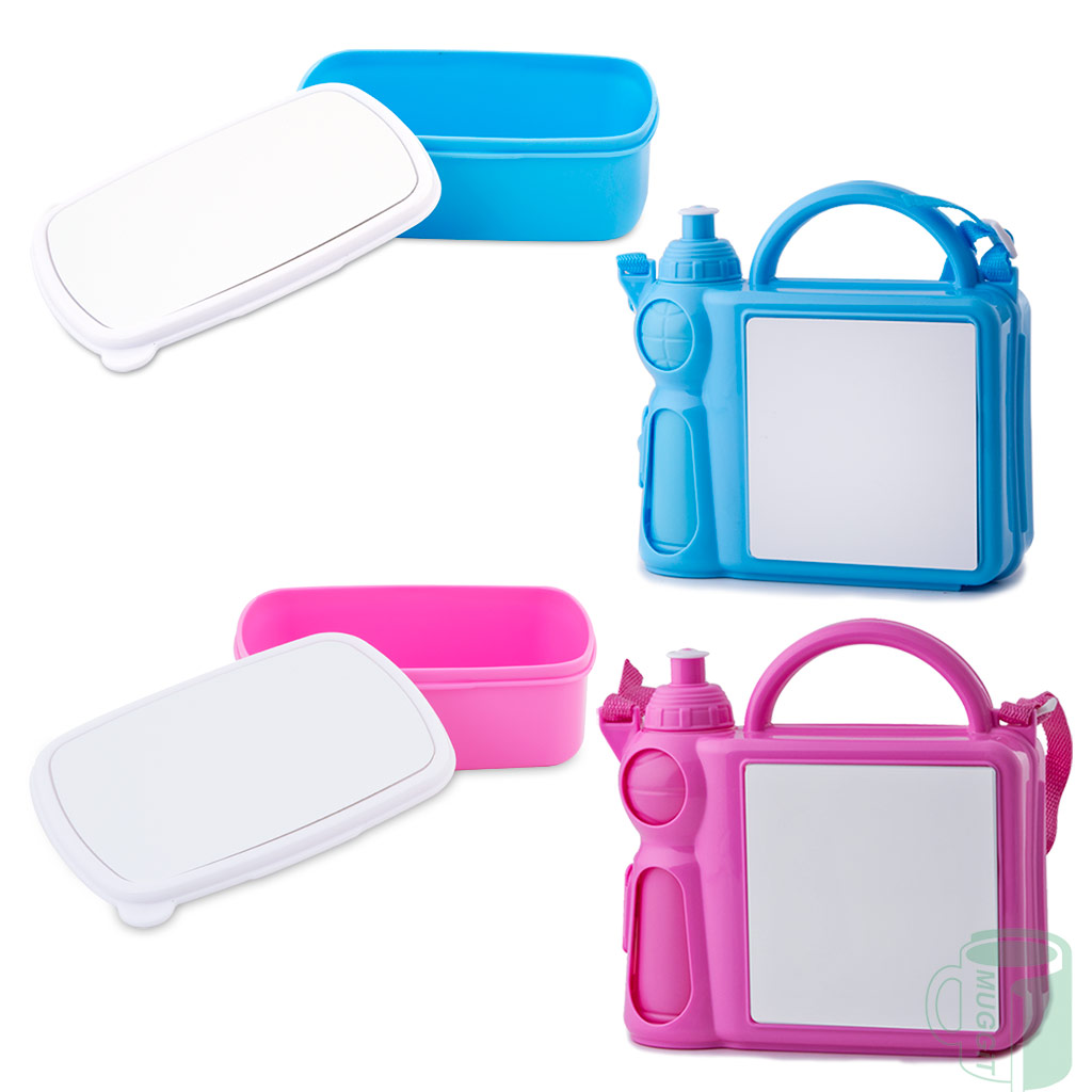 muggit_main_lunch_boxes Kids Lunchboxes in Pink or Blue with convenience in mind, featuring a sturdy handle, adjustable shoulder strap and water bottle holder, ideal for little ones