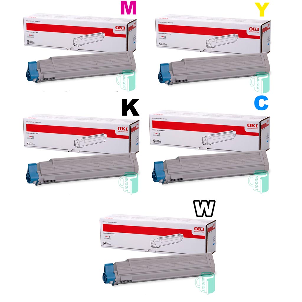 OKI Pro8432 laser toner in Black, Magenta, Yellow, Cyan, White