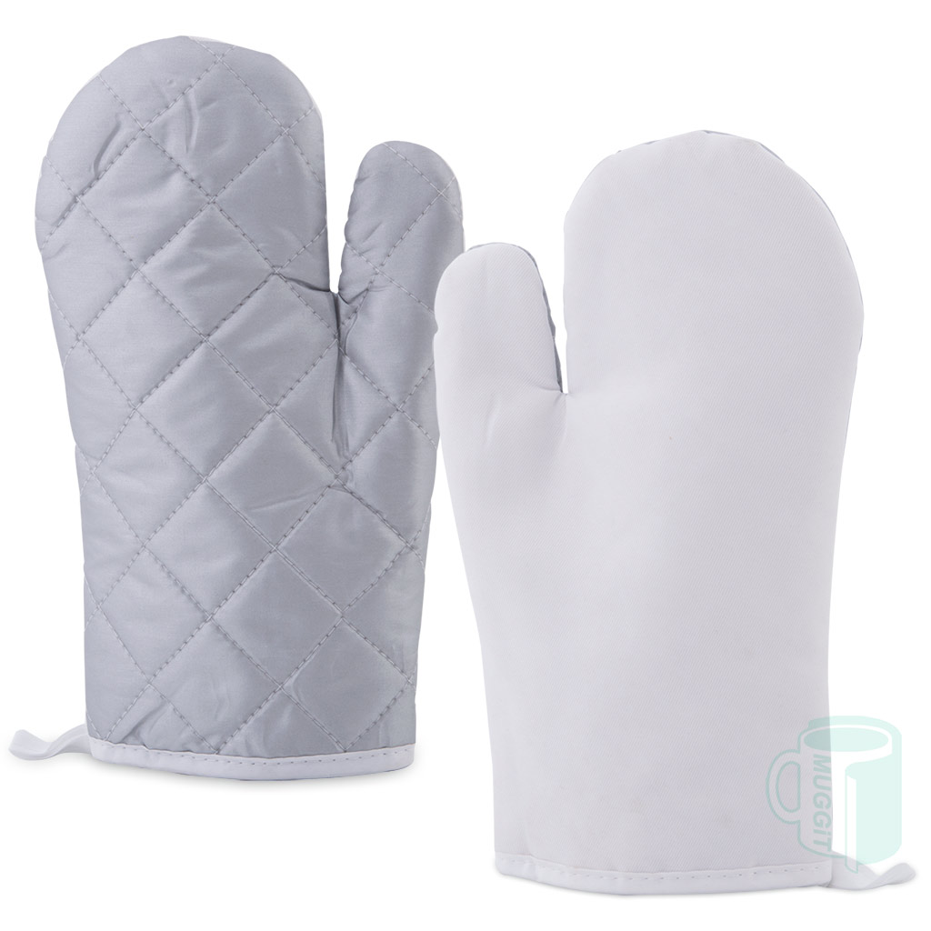 muggit_oven_glove_mitts_silver_white_heat_ovenglove Single Printable Oven Glove in white with silver heat resistant side. crafted from high-quality materials serving as a perfect canvas for personalization.
