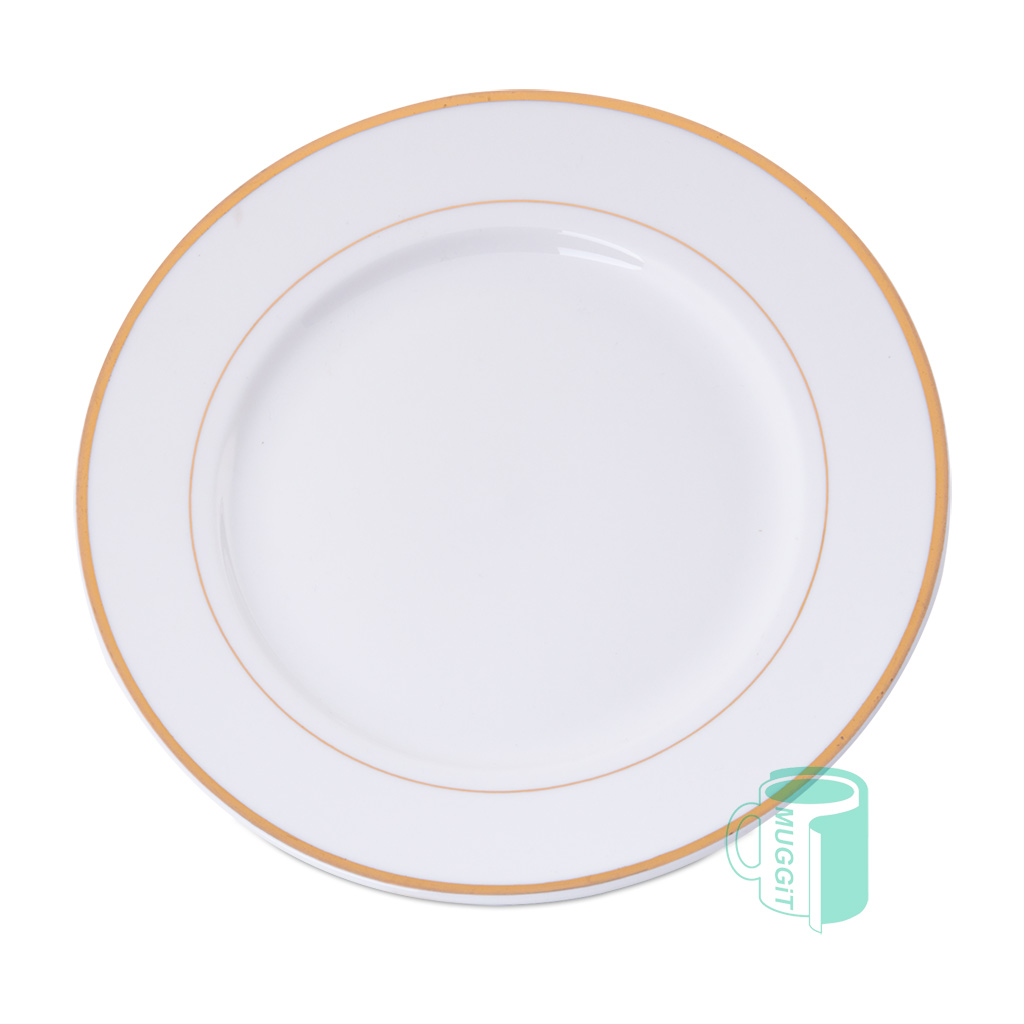 muggit_plate_dinner_white_gold_rim_platedinner Coated Gold Rim DINNER plate (61000). For use with Sublimation & Laser.