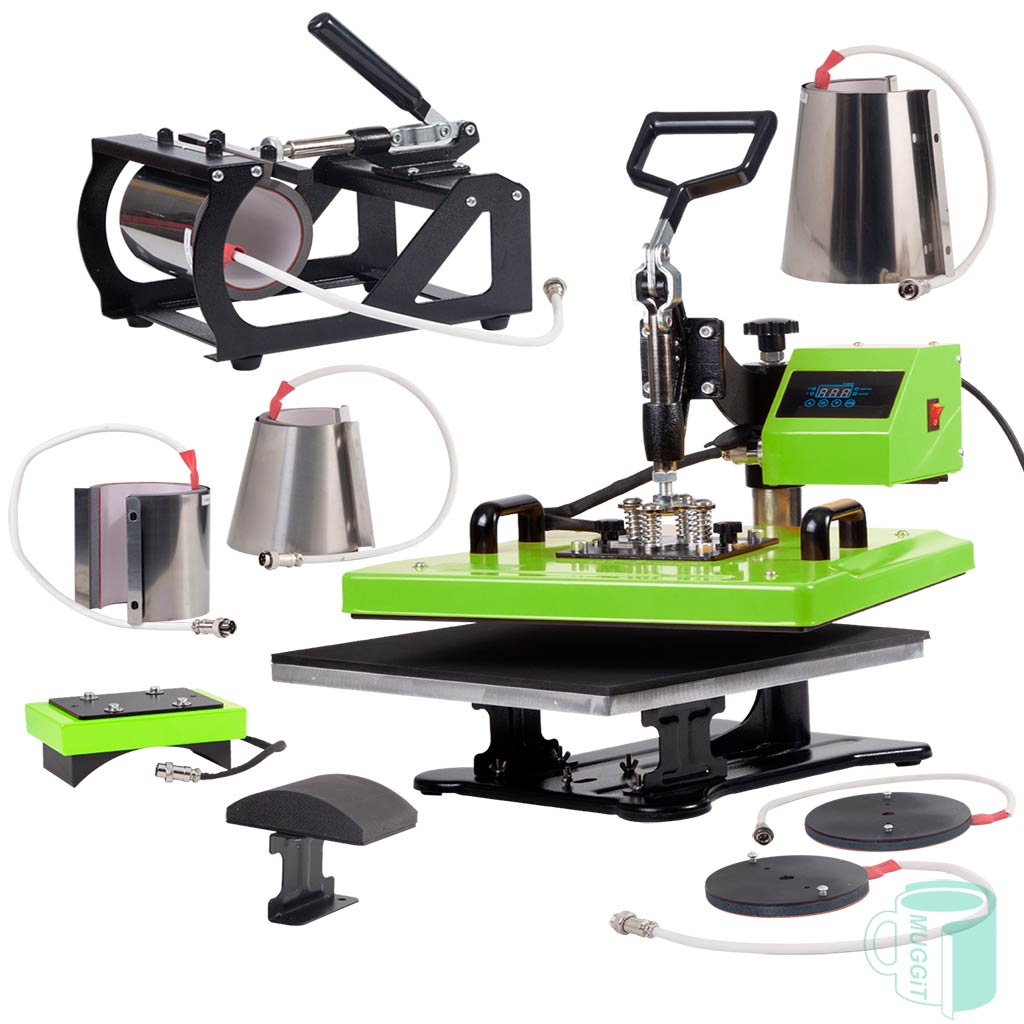 muggit_press_2020_8_in_1_green_swing_tshirt_mugs_plates_press20208-in1GREEN Muggit Multifunction Press - 38 x 38cm, with Cap, 2 x Plate, 4 x Mug Attachments.