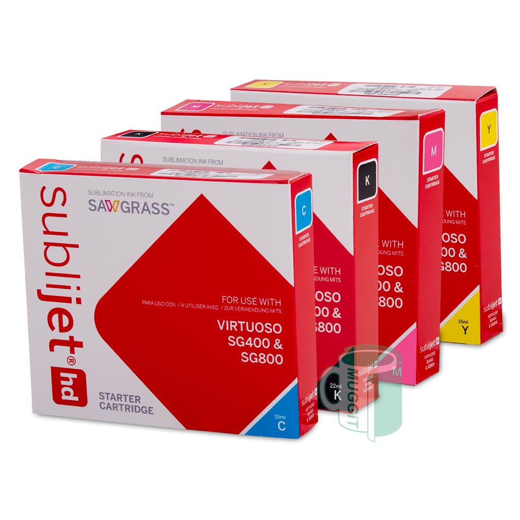 Genuine Sublimation Inks for Sawgrass SG400 / SG800. Array of colours that we supply Cyan, Magenta, Black, Yellow. 