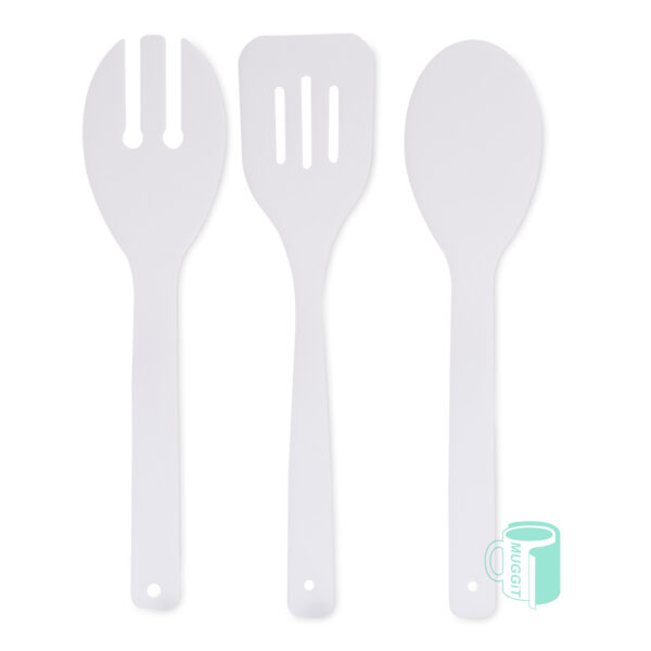 Sublimer Serving / Salad Set (Egg lifter, salad fork, salad spoon) perfect for picnics, parties etc. Both sides sublimation printable. For best results use Subtex Sublimation paper. Need to be moulded to shape while hot (use gloves) - see instructions.