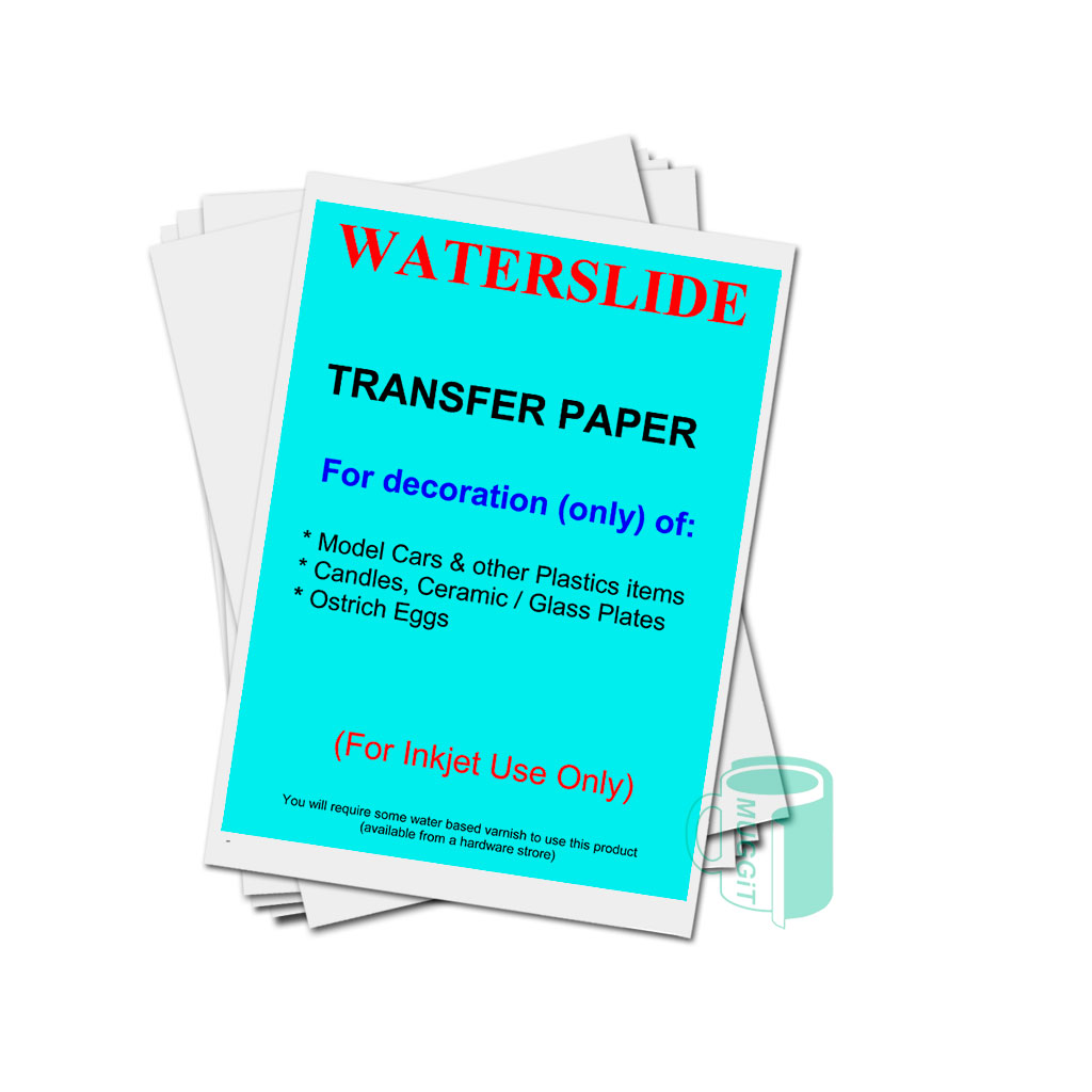 muggit_transfer_paper_waterslide_inkjet_tpwaterslide Clear waterslide A4 decal paper for inkjet printers to decorate irregular shape items or heat sensitive items like model trains, ostrich eggs, candles & more.