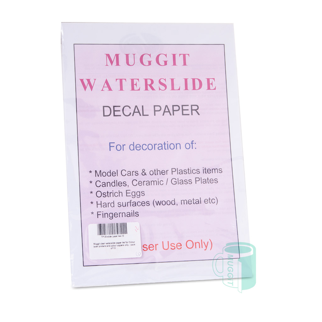 Clear waterslide laser paper for colour laser printers, in water the film holding the print releases from the base paper, when dry it sticks to the product .