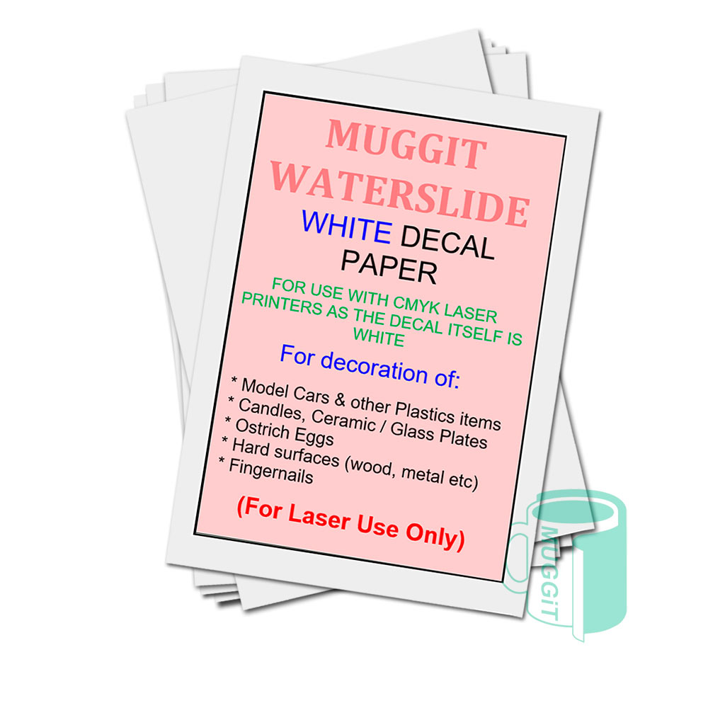 muggit_transfer_paper_waterslide_laser_white_tpwslidelaserwhite Muggit white laser waterslide paper is for items irregular in shape or cannot withstand heat, model toys, ostrich eggs, candles or any hard non porous substrate