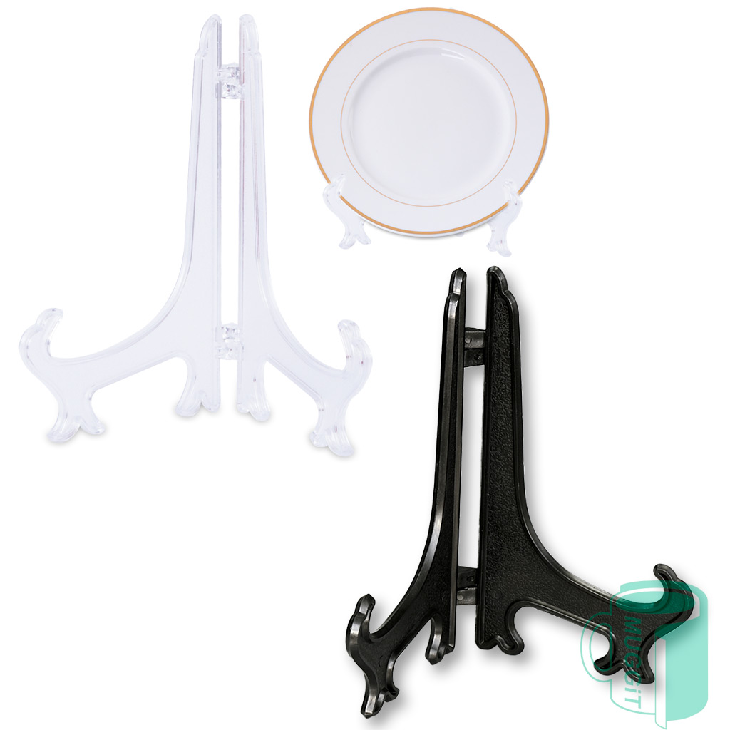 mugit_main_plate_stand Plate display stands 4 pack A stand to hold and display plates, choose from black or clear