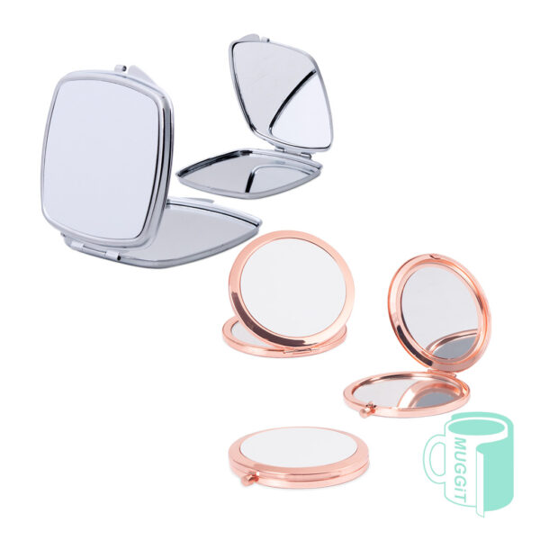 Metal compact mirrors with printable metal insert. For use with sublimation and laser printing process and laser. 