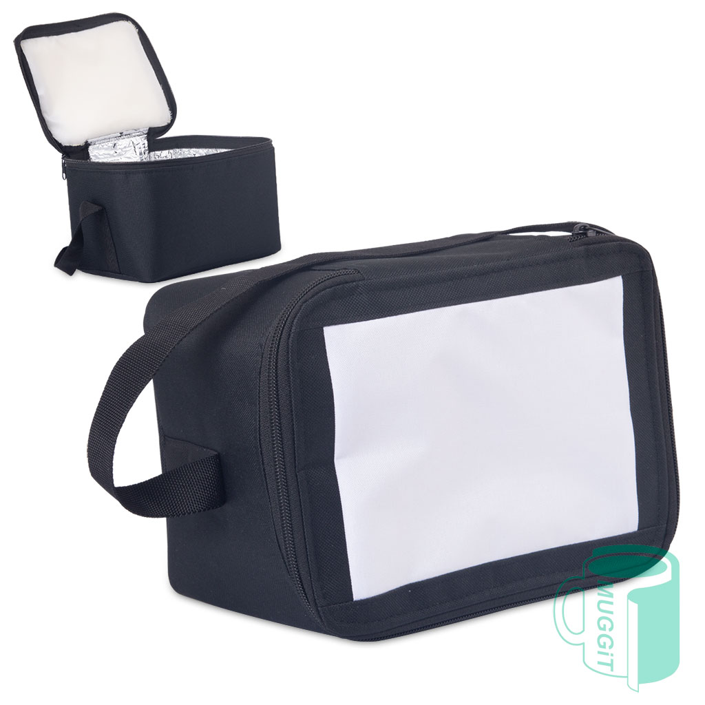 muggit_cooler_bag_premium_coolerbagpremium Premium imported Polyester 6 Can cooler/lunch bag - Black bag with white printable space on lid (printable area 110mm x 155mm).