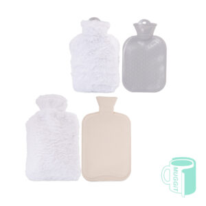 Hot water bottle with white printable fabric cover in big or small size. for use with sublimation printing process. Array