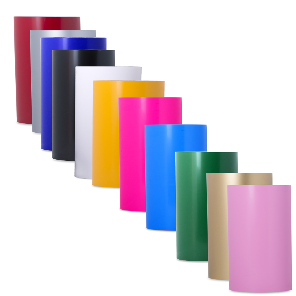 Muggit-Main-xVideoflex-25cm Heat Transfer Vinyl Rolls 25cm wide polyurethane HTV rolls in neon, standard colours, silver, gold popular in custom apparel and branding on t-shirts and caps