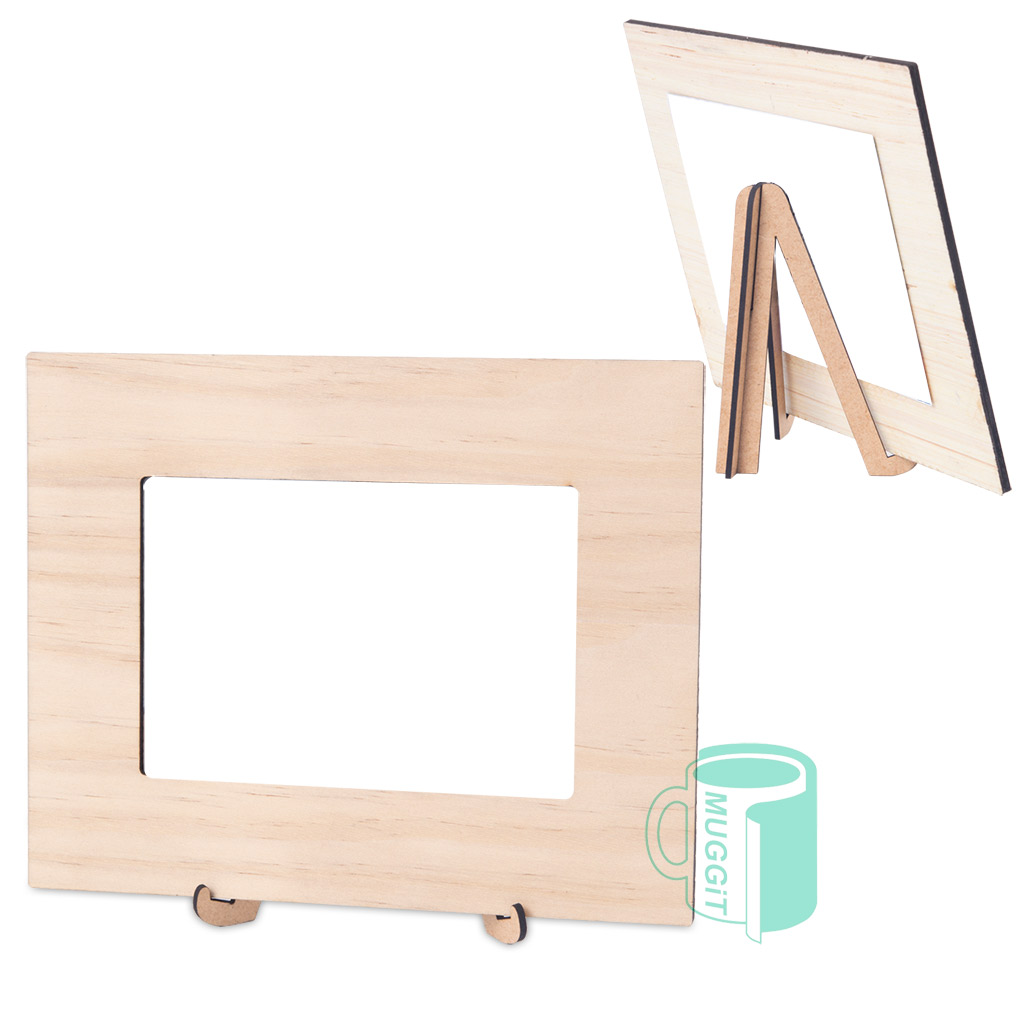 Wood framed metal photo insert both sides printable with wood stand.