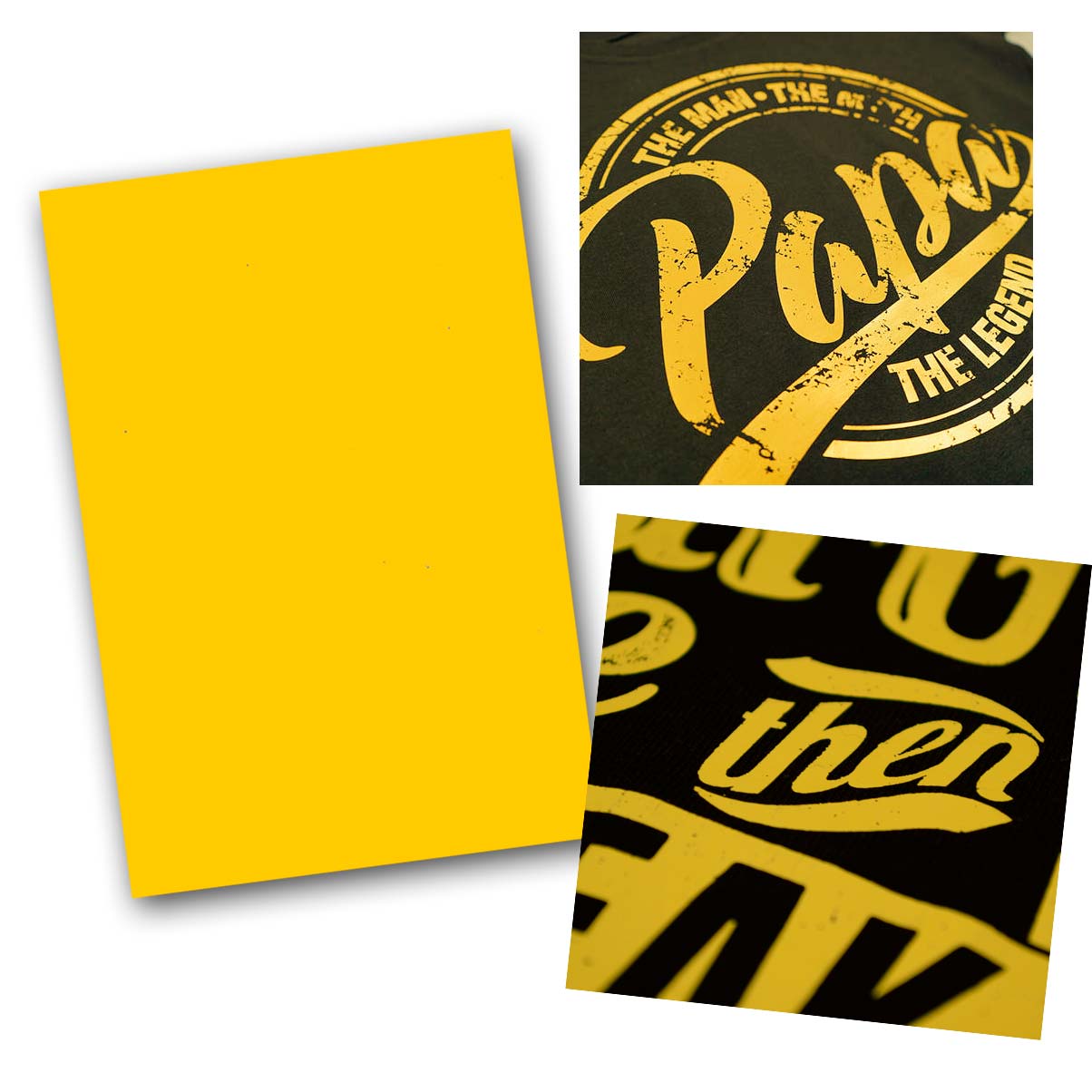 Transfer vinyl Forever yellow TP flex for laser printers. Print black on reverse and black transfers as yellow no cutting needed, 10 pack A3 sheets.