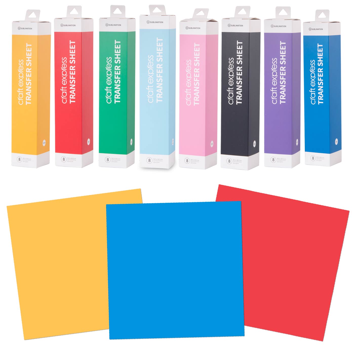 Muggit-TP-Sub-Craft-Packs-8 Sublimation craft ink transfer sheets is infusible ink transfer paper is pre-printed with sublimation ink, solid colours sheet size: 30.5cm x 30.5cm.