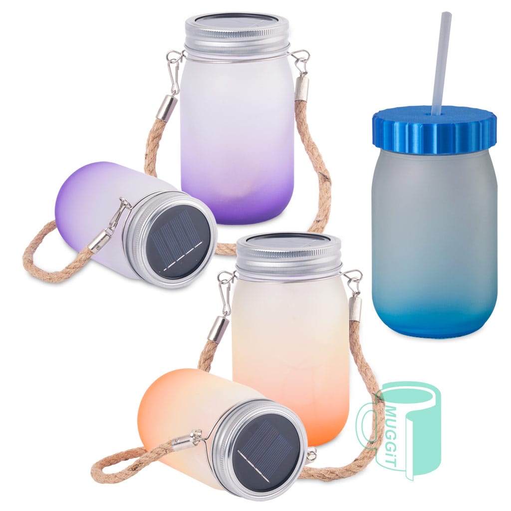 frosted gradient mason jars Hanging solar lid mason jar light in orange and purple with a solar-powered LED string lights. Drinkware frosted gradient blue mason jar, 3D blue lid and straw.