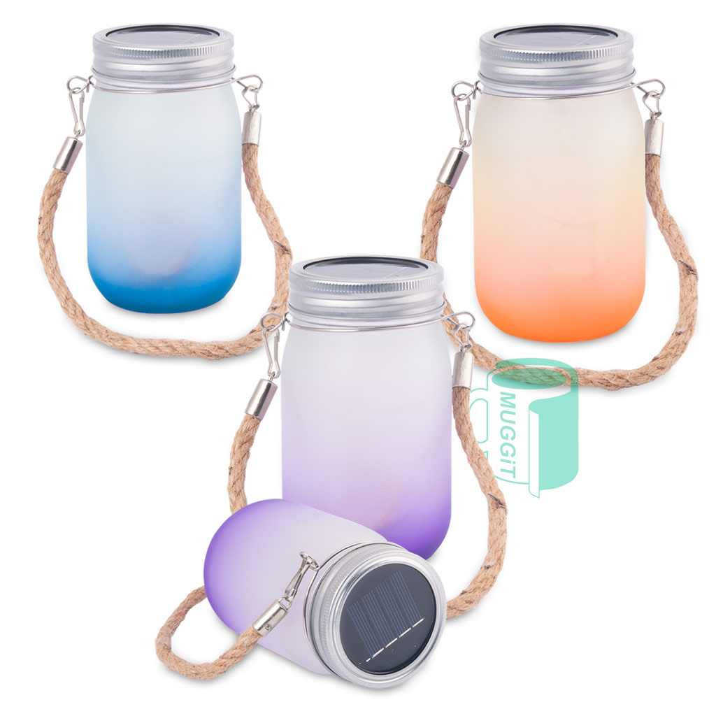 Solar Mason Jar to light up your way using a printable frosted, colour jar with LED solar panel lid, comes in orange, purple, blue for sublimation & laser printing