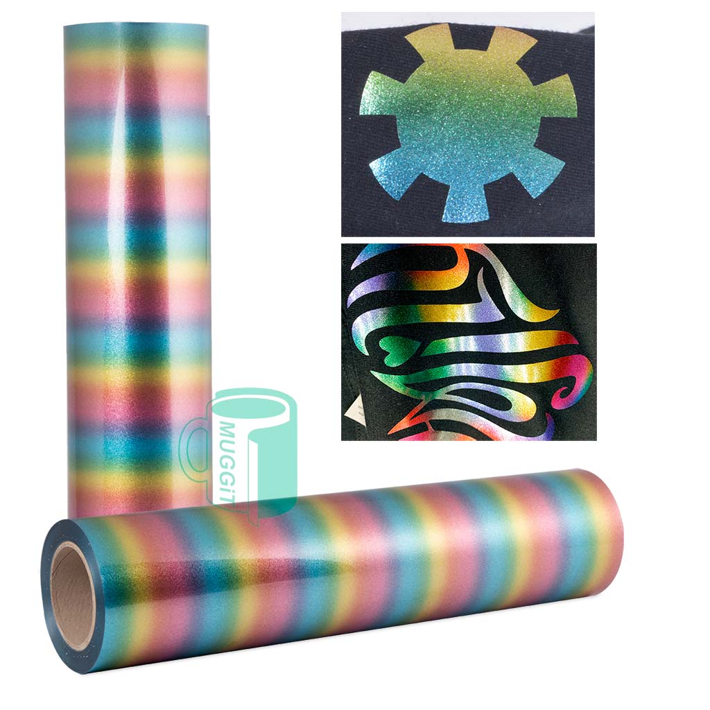 Muggit-Videoflex-Glitter-Rainbow-SPS Heat Transfer Vinyl Glitter Rainbow bring sparkle & colour to decorated garments and adds a vibrant shimmer to your creations, perfect for t-shirts, denim, bags