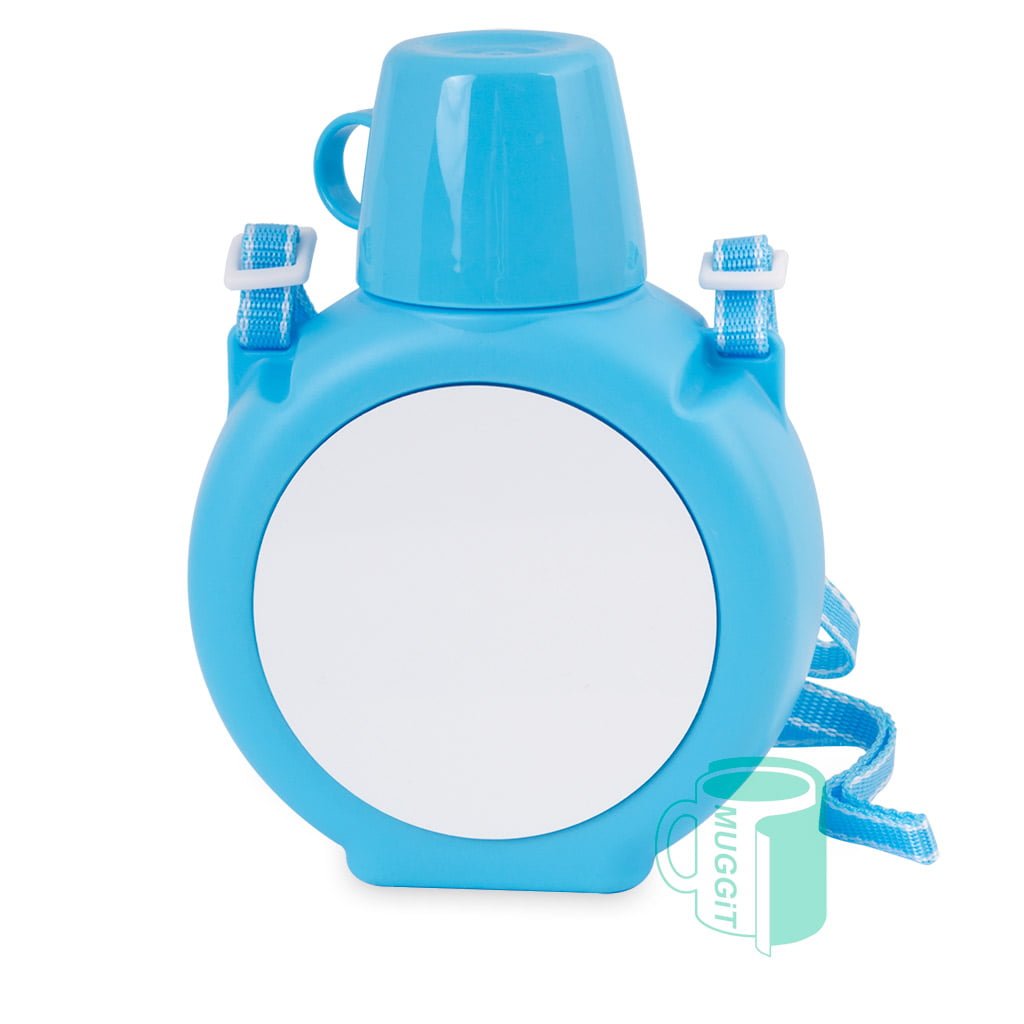 Muggit-Mug-Polymer-Kids-Bottle-Blue Kids Polymer Water Bottle for Sublimation with a cup lid and sling. With printable metal inserts.